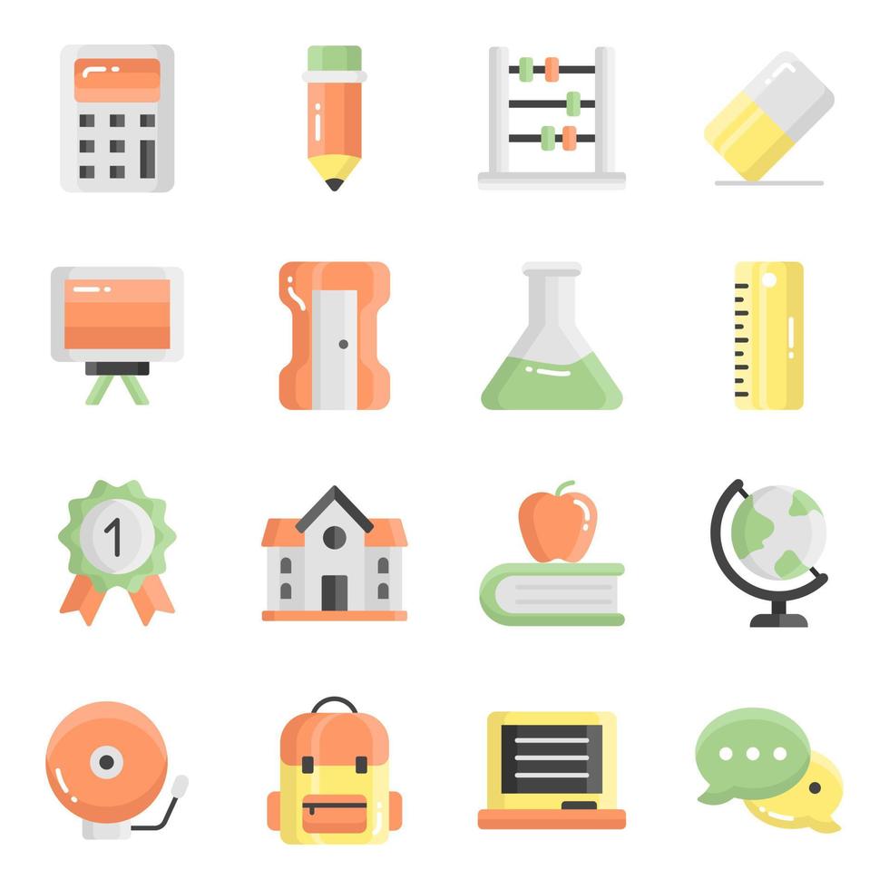 conjunto de iconos de vector plano, en educación de diseño plano, escuela, colección de pictogramas modernos y universidad con elementos para conceptos móviles y aplicaciones web.