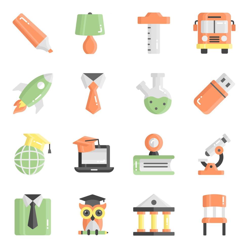 conjunto de iconos de vector plano, en educación de diseño plano, escuela, colección de pictogramas modernos y universidad con elementos para conceptos móviles y aplicaciones web.