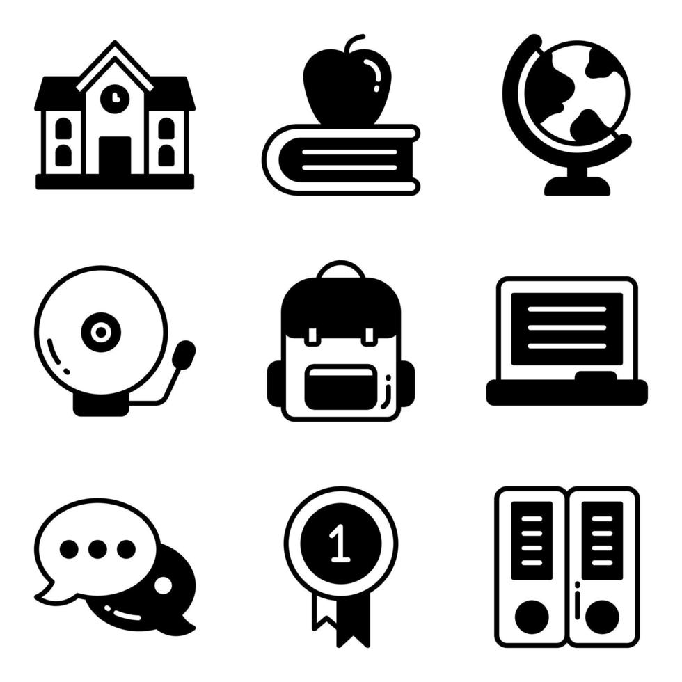 conjunto de iconos de vectores de educación, en educación de diseño plano, escuela, colección de pictogramas modernos y universidad con elementos para conceptos móviles y aplicaciones web.