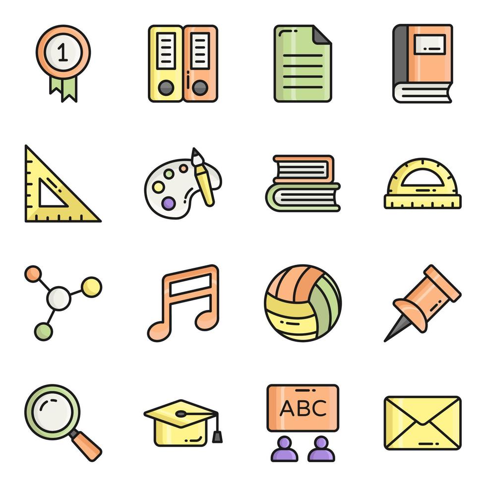 conjunto de iconos de vector de línea de color, en educación de diseño plano, escuela, colección de pictogramas modernos y universidad con elementos para conceptos móviles y aplicaciones web.