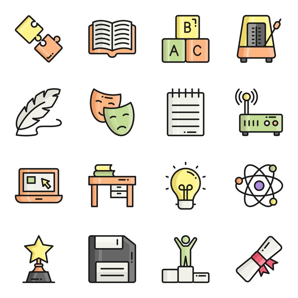 conjunto de iconos de vector de línea de color, en educación de diseño plano, escuela, colección de pictogramas modernos y universidad con elementos para conceptos móviles y aplicaciones web.