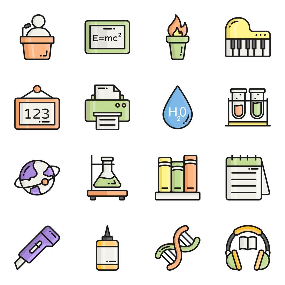 conjunto de iconos de vector de línea de color, en educación de diseño plano, escuela, colección de pictogramas modernos y universidad con elementos para conceptos móviles y aplicaciones web.