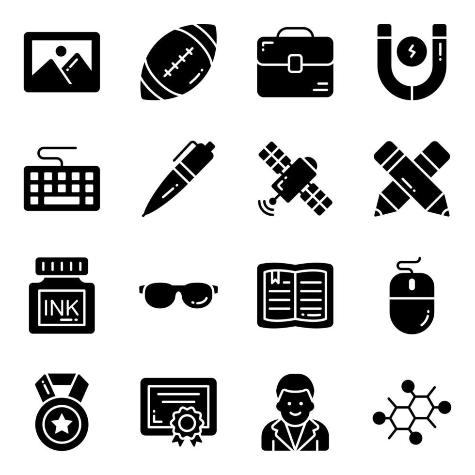 conjunto de iconos de vector de glifo, en educación de diseño plano, escuela, colección de pictogramas modernos y universidad con elementos para conceptos móviles y aplicaciones web.