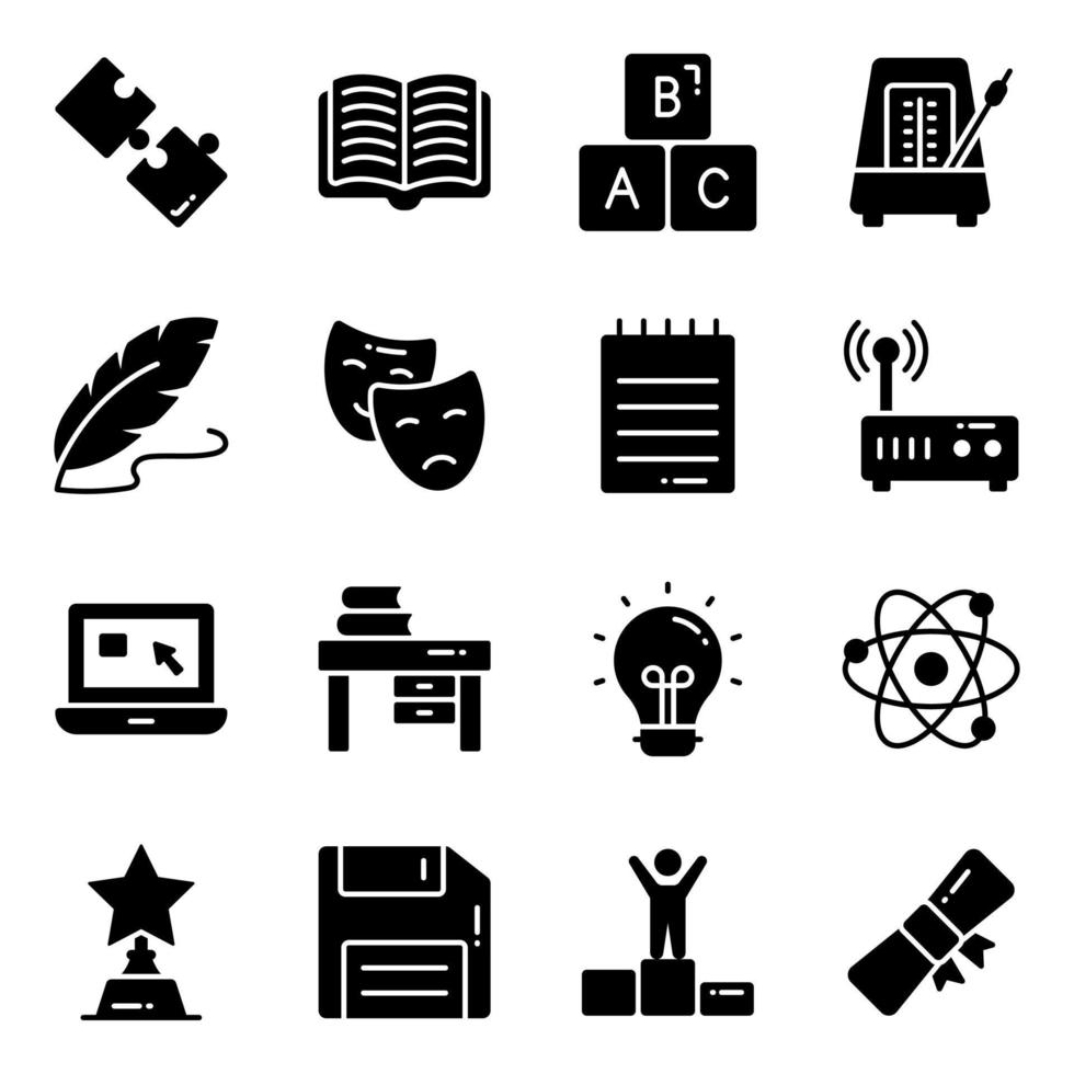 conjunto de iconos de vector de glifo, en educación de diseño plano, escuela, colección de pictogramas modernos y universidad con elementos para conceptos móviles y aplicaciones web.