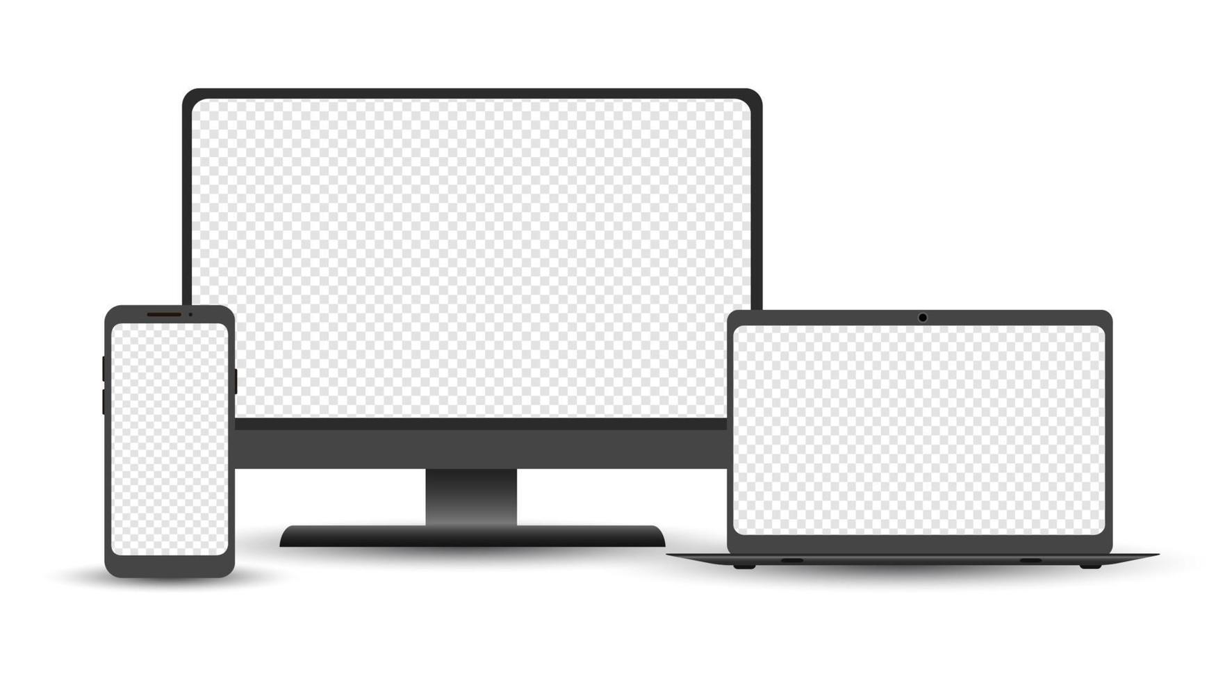 Device set - desktop, laptop and smartphone template. Electronic gadgets isolated on white background. Realistic vector illustration.