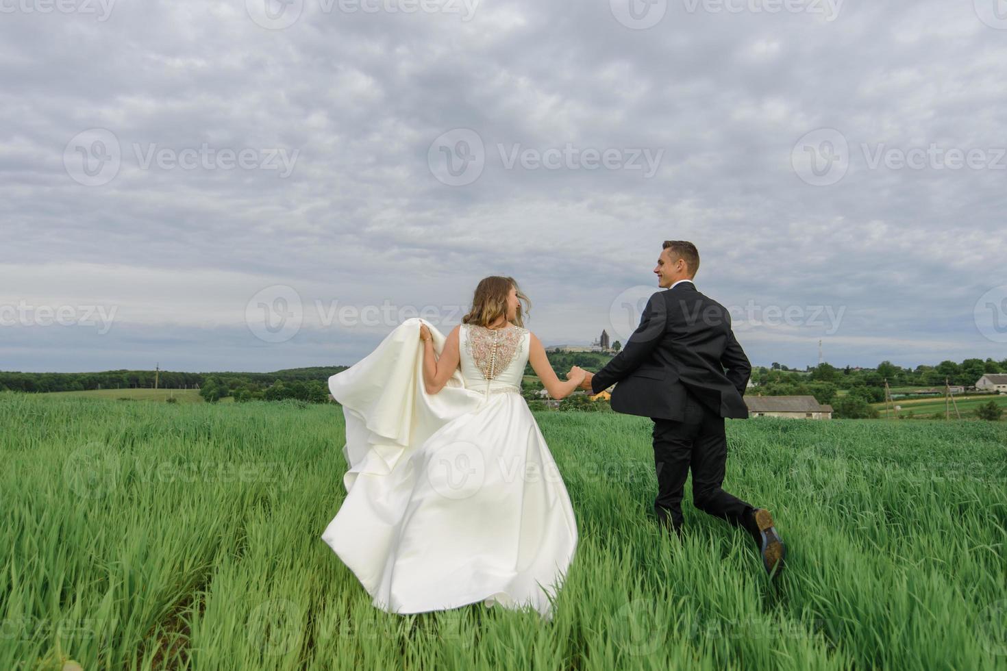 Bride and groom in a wheat field. The couple hugs during sunset photo