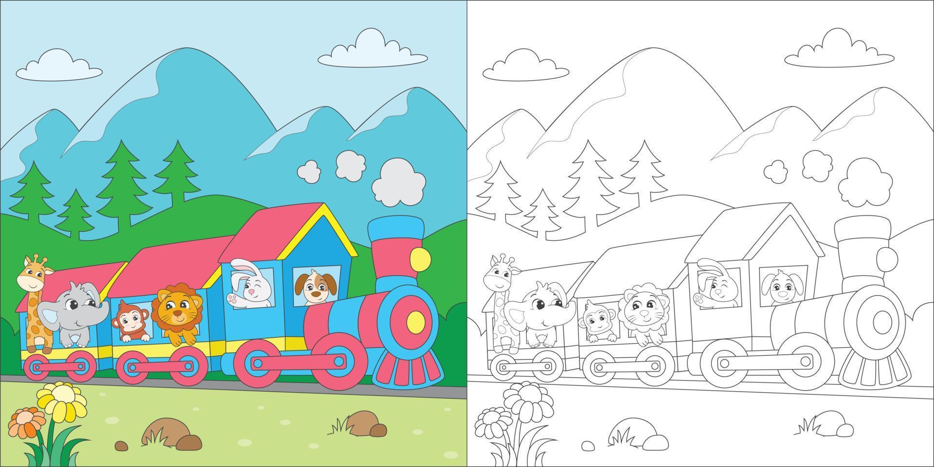 coloring animals riding a train vector