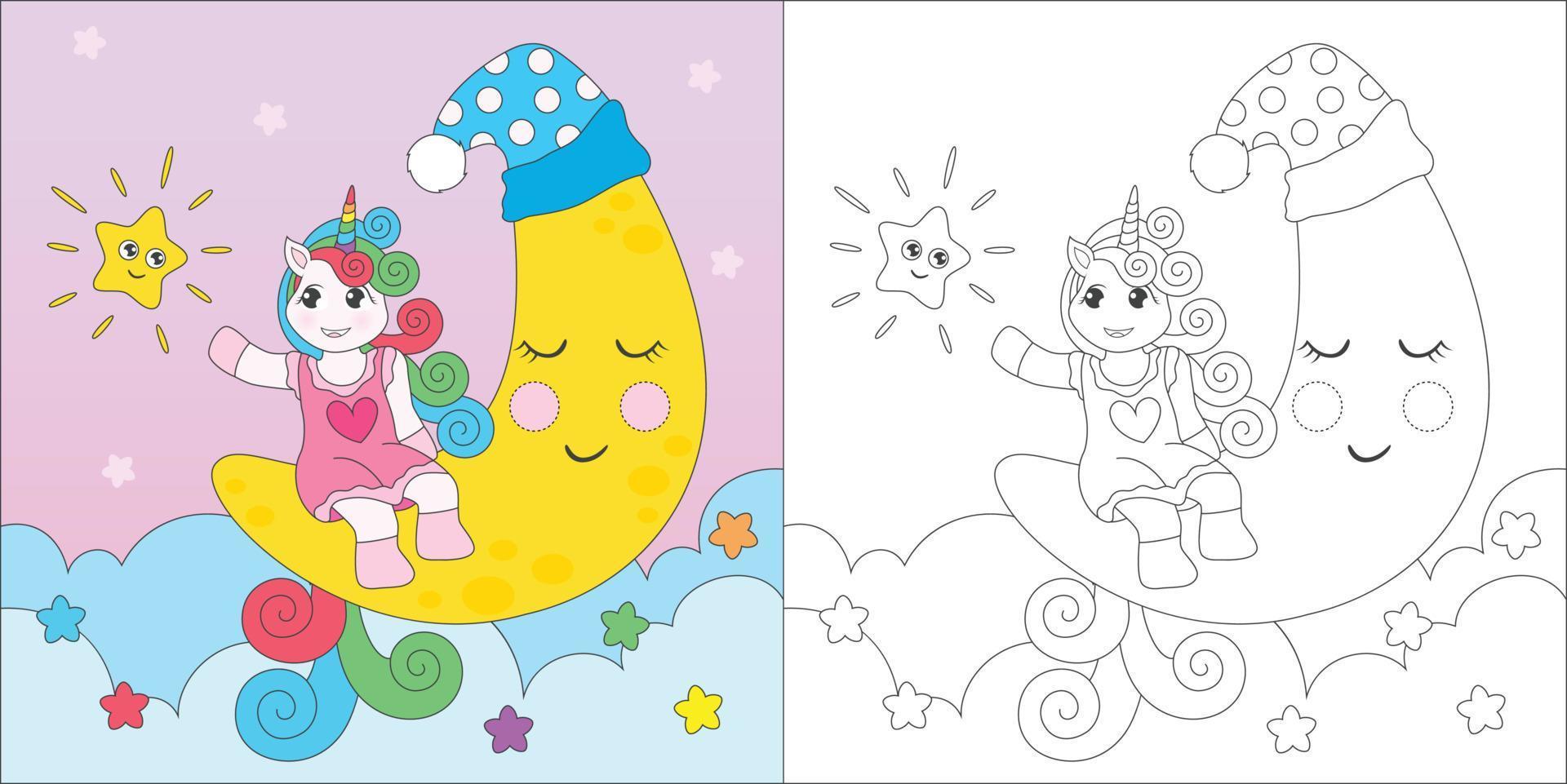 coloring unicorn sitting on the moon vector