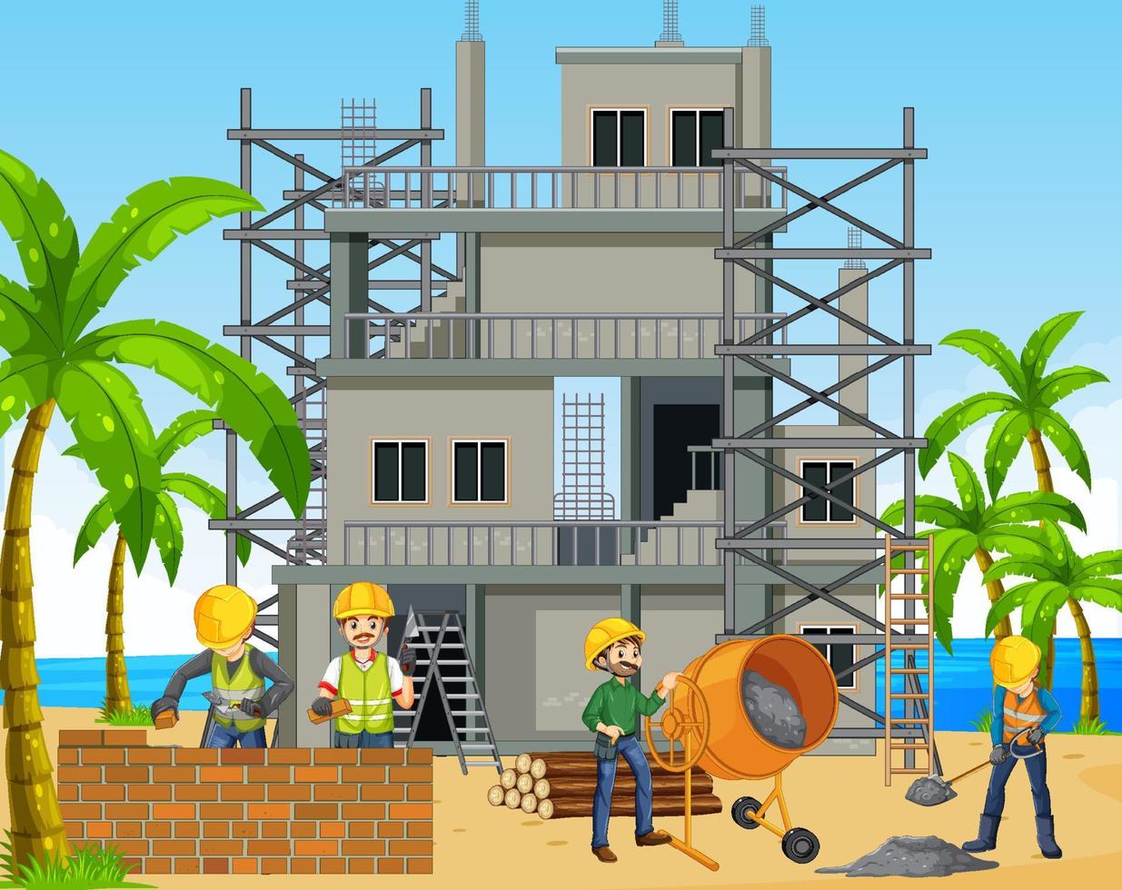 sitio de construcción con trabajadores vector