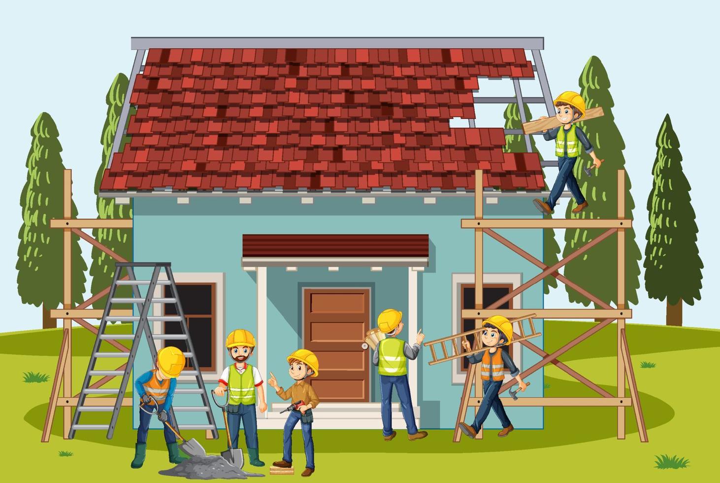 Building construction site with workers vector