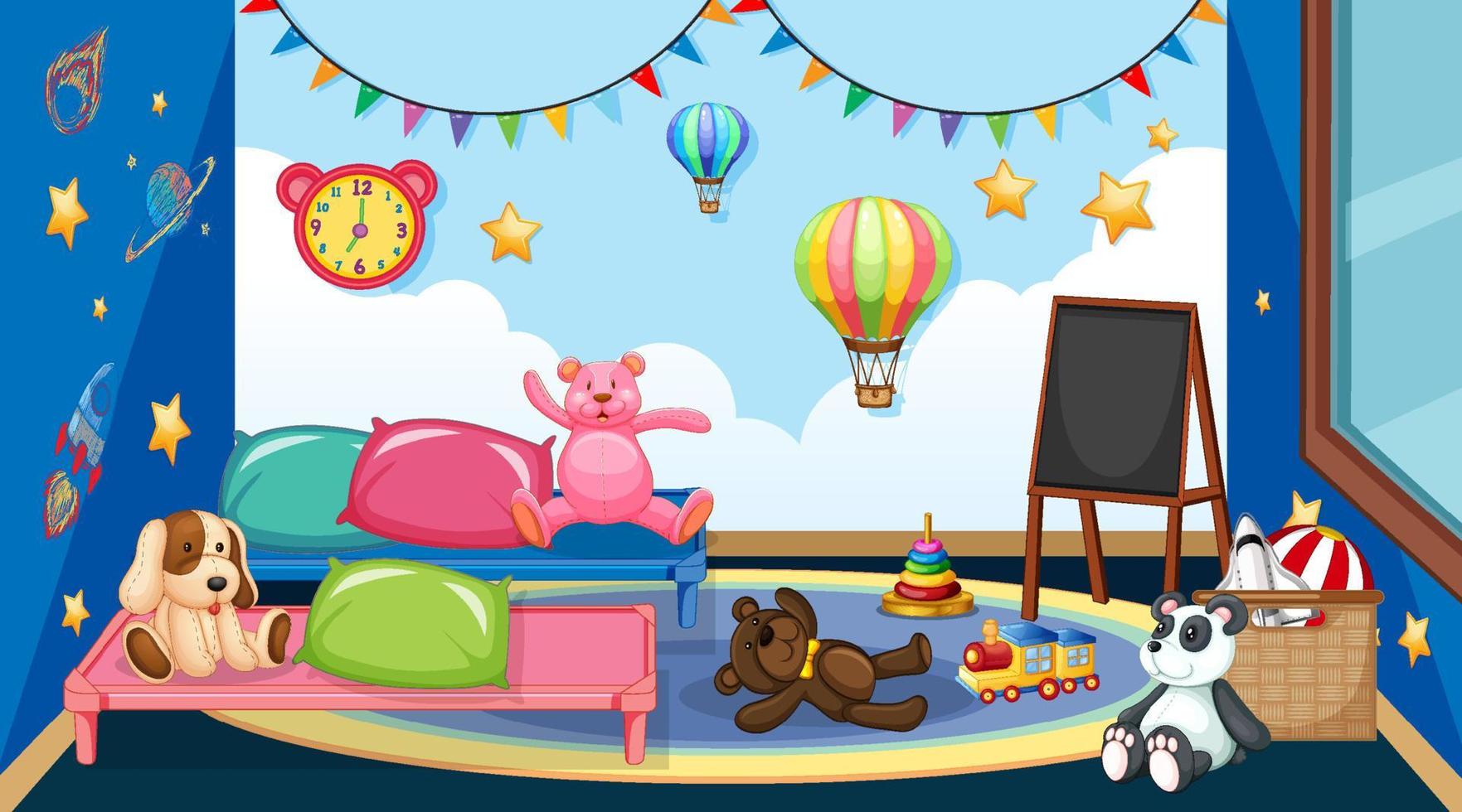 Empty kindergarten classroom interior with many kid toys vector