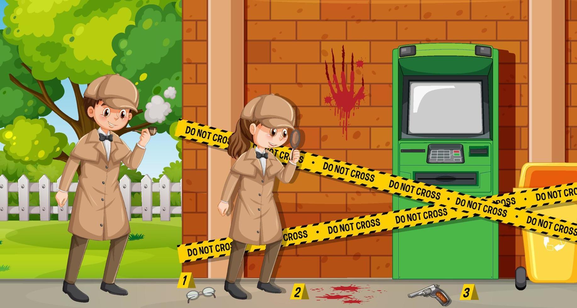 detective buscando pistas con lupa en escena vector