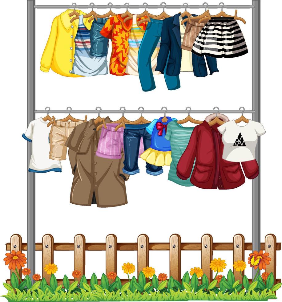 Many clothes hanging on clothesline vector