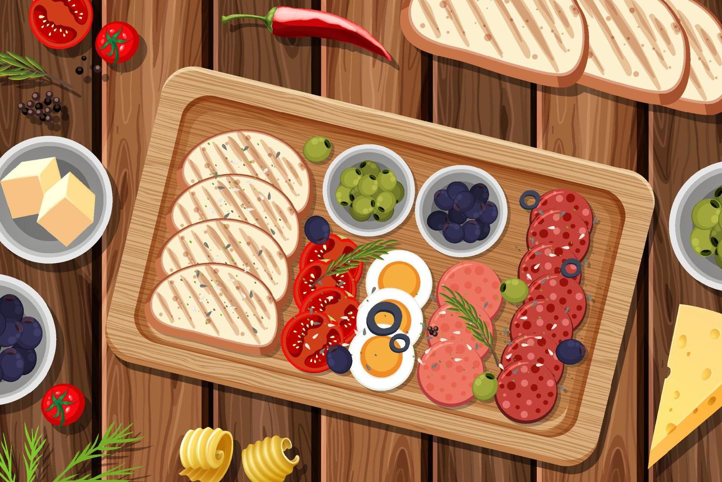 Top view of lunch meat on a wooden tray vector