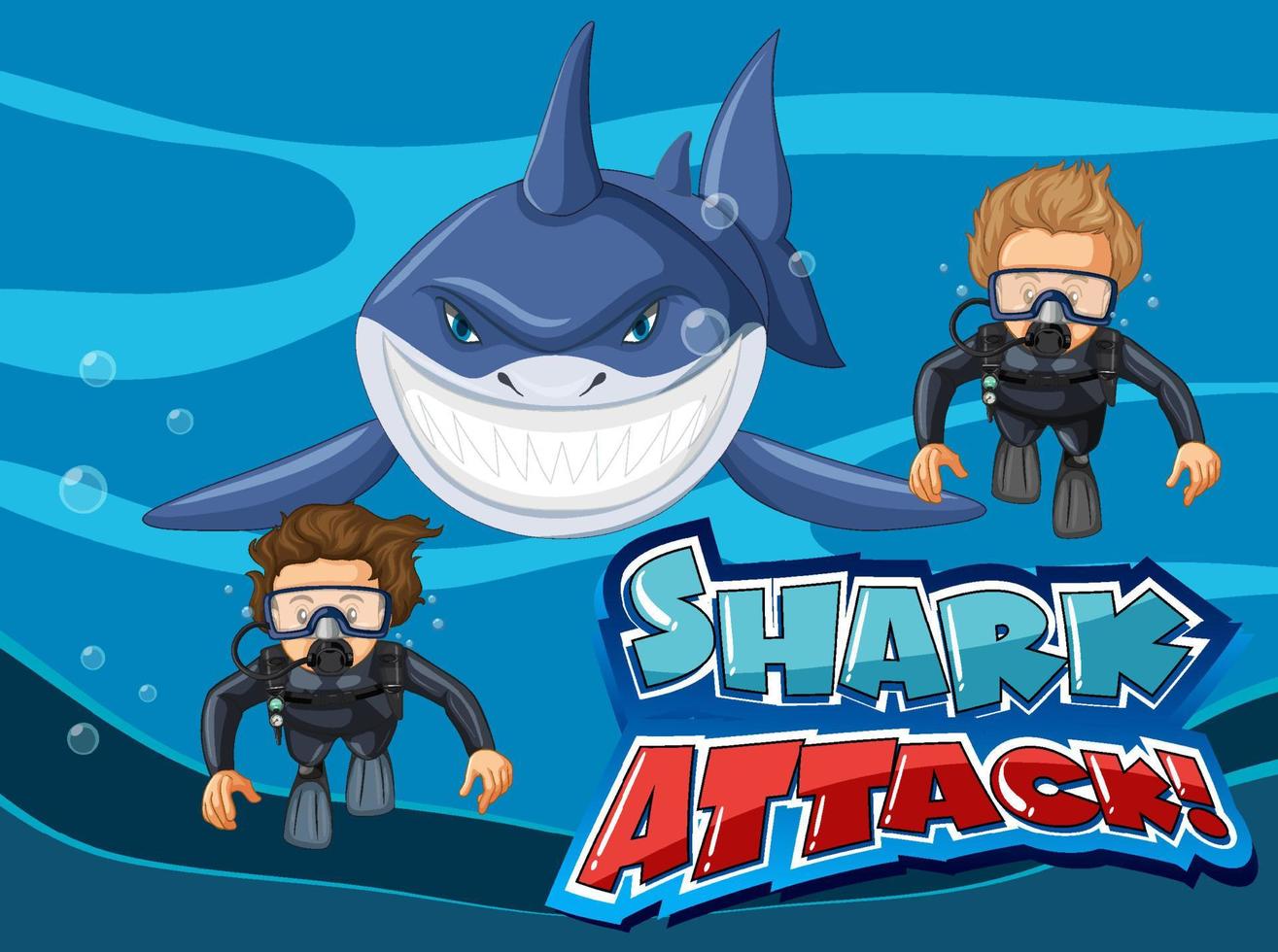 Font design for shark attack with divers and shark vector