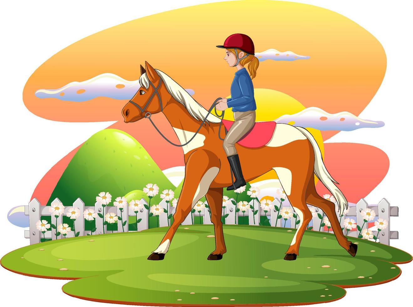 una escena de niña montando a caballo por la tarde vector