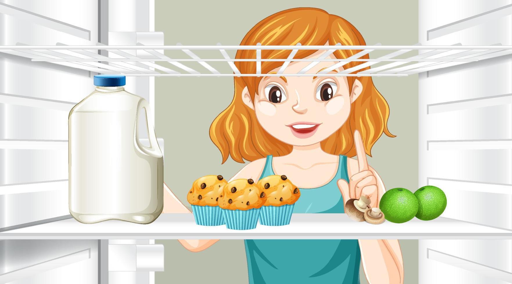 Girl looking for food in the fridge vector