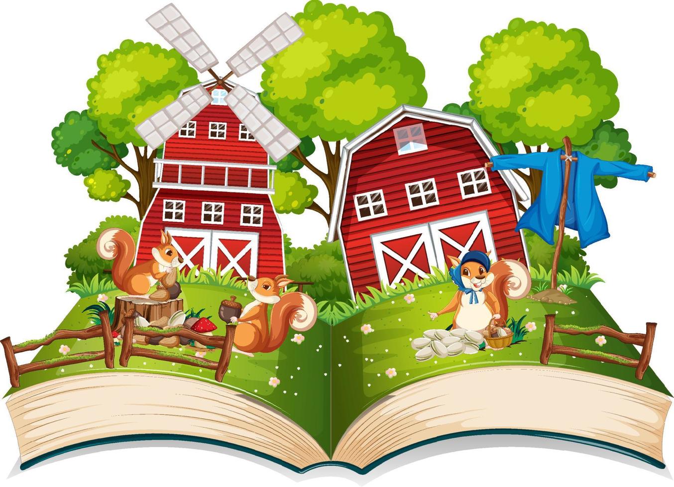 Farm scene with squirrels by the barn vector