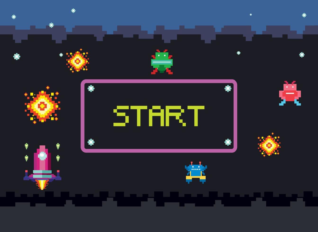 Pixel space game interface with start button vector
