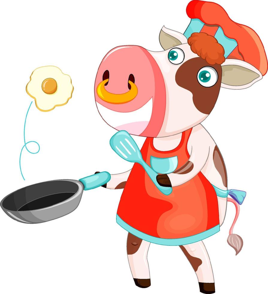 personaje de dibujos animados de vaca cocinando el desayuno vector