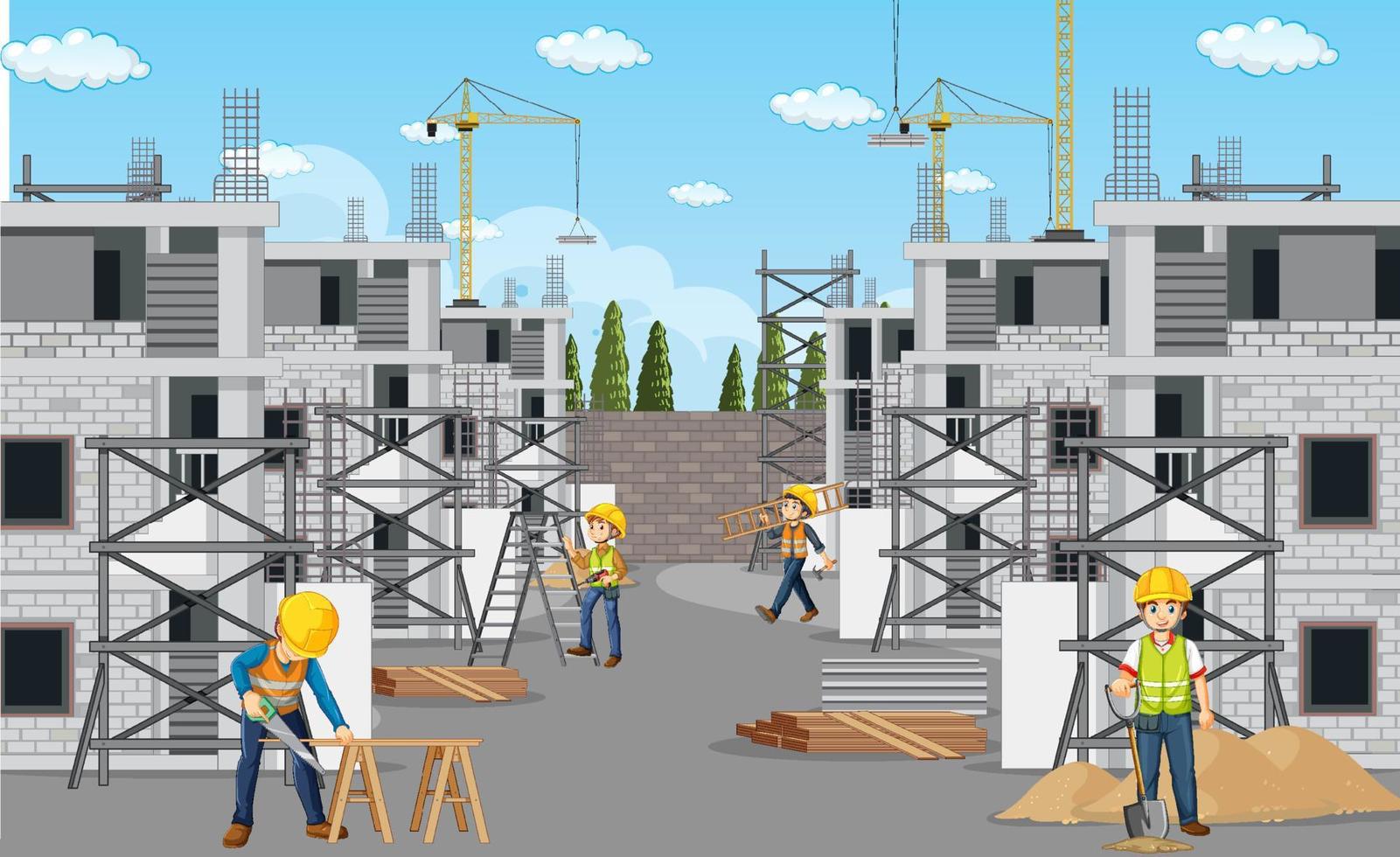 Building construction site with workers vector