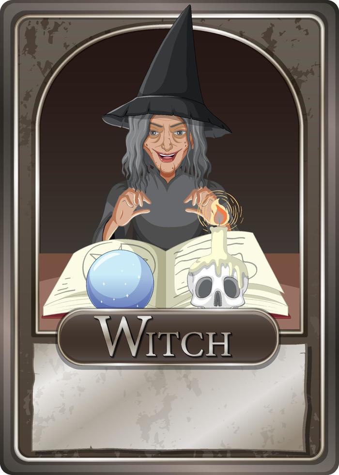 Scary old witch character game card template vector