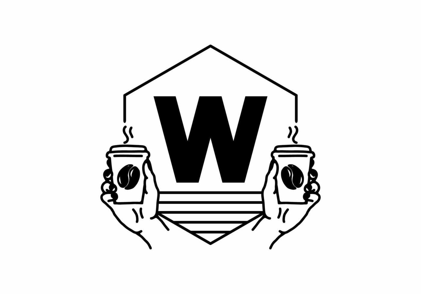 Hand holding a coffee cup line art with W initial letter vector