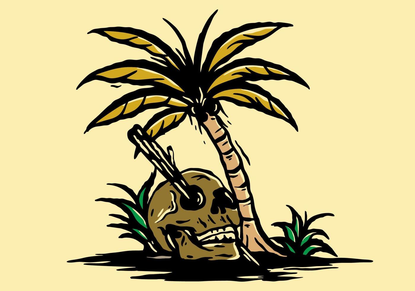 Illustration drawing of skeleton head with coconut tree vector