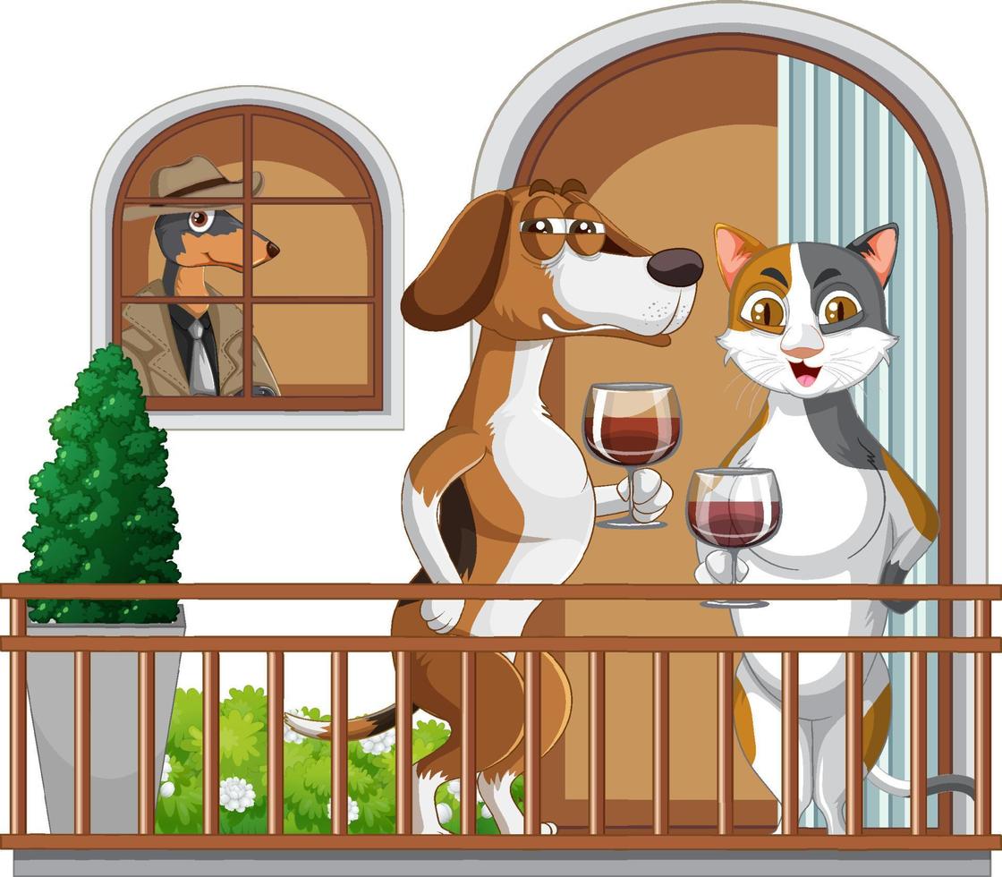 perro y gato de dibujos animados bebiendo vino vector