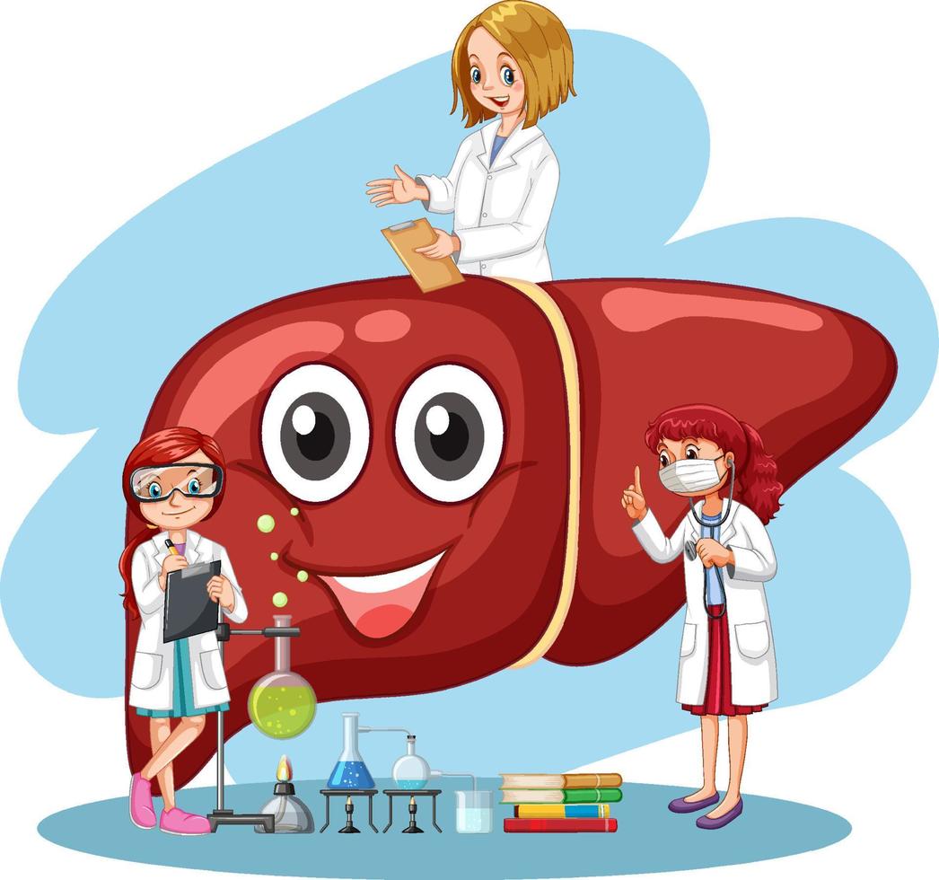 Healthy liver cartoon character with many doctors vector