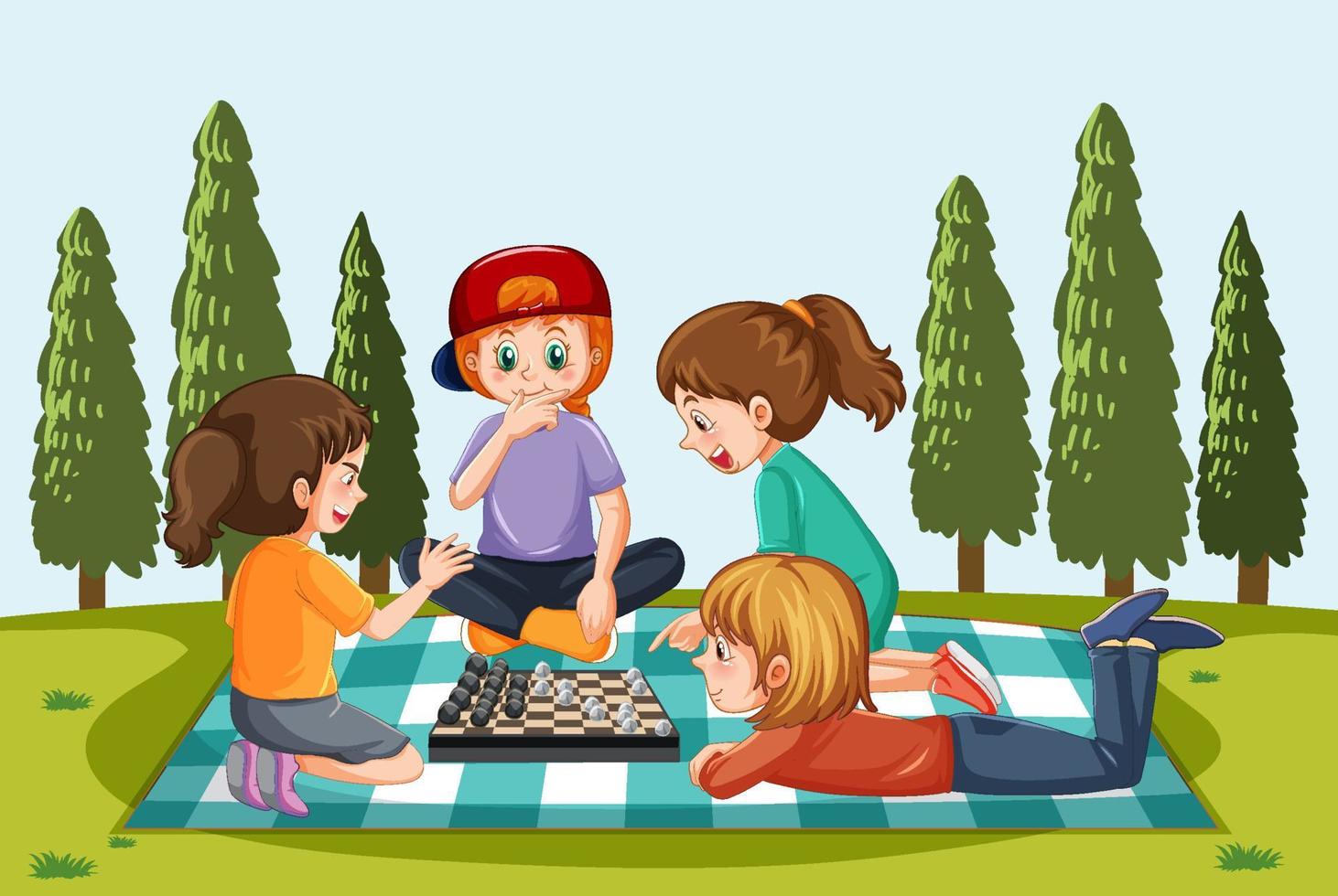 A natural scene landscape with children playing boardgame vector