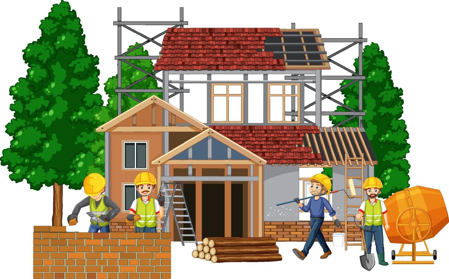 House construction site with cartoon workers vector