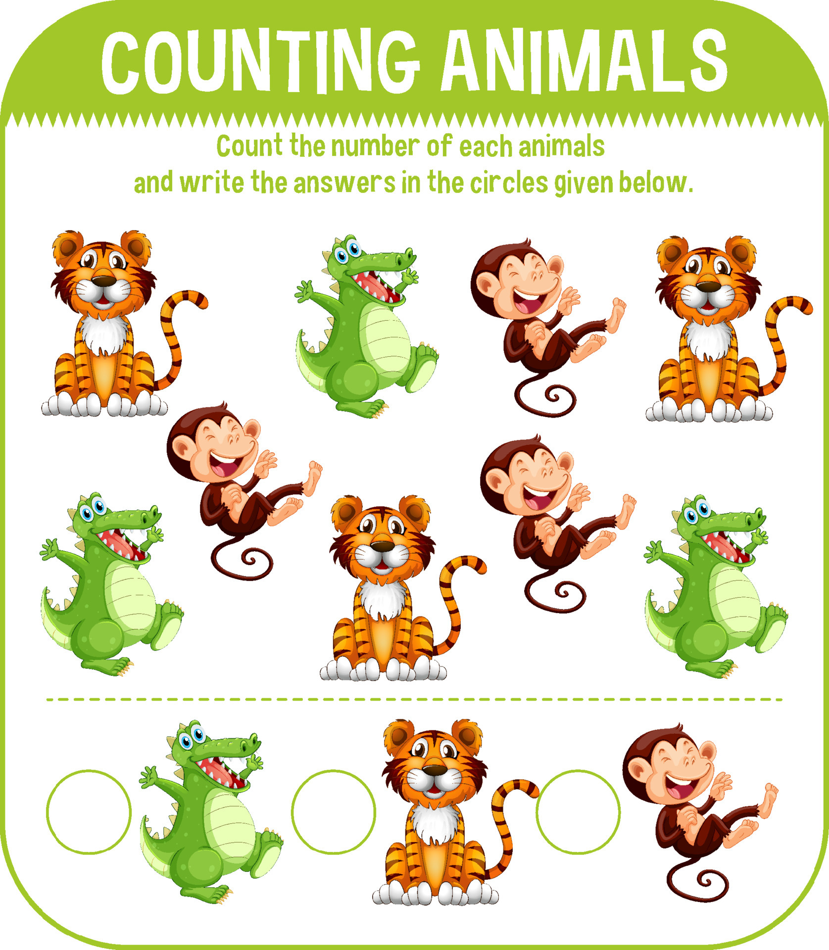 Worksheet design for counting animals 7092615 Vector Art at Vecteezy