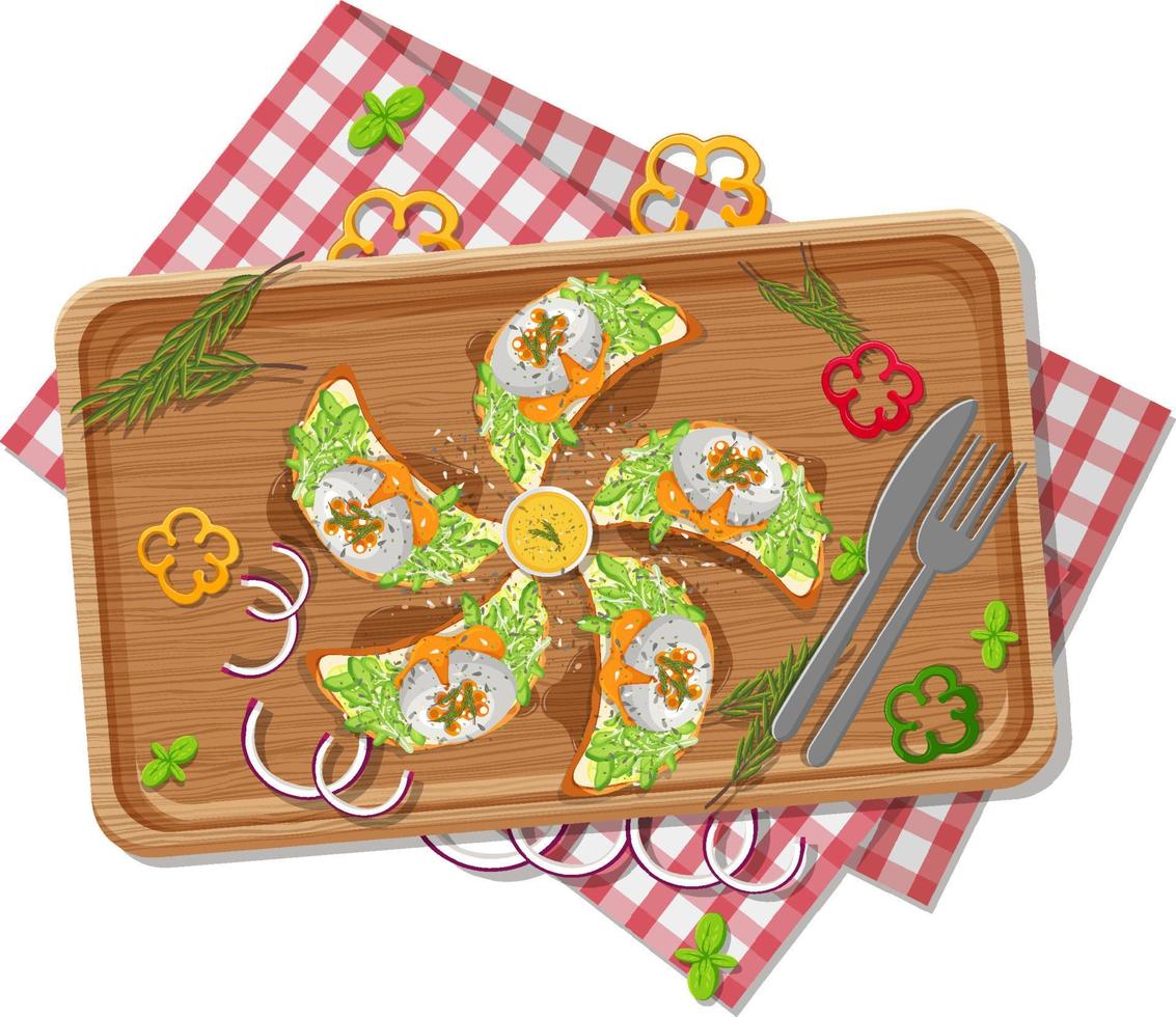 Top view of bruschetta on a wooden tray vector