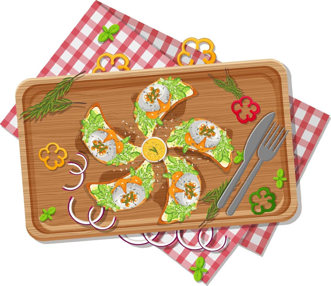 Top view of bruschetta on a wooden tray vector