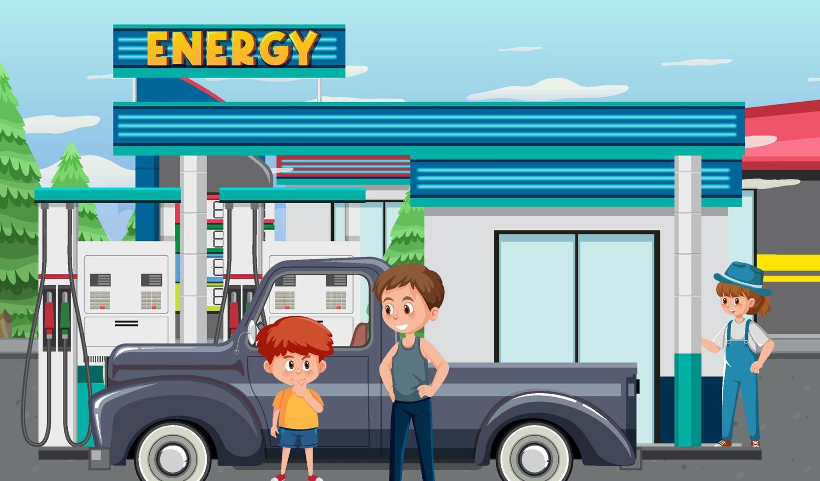 Gas station cartoon scene vector