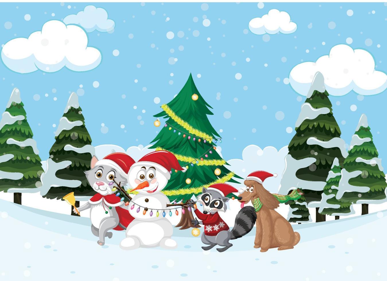 Christmas theme with Snowman and animals vector