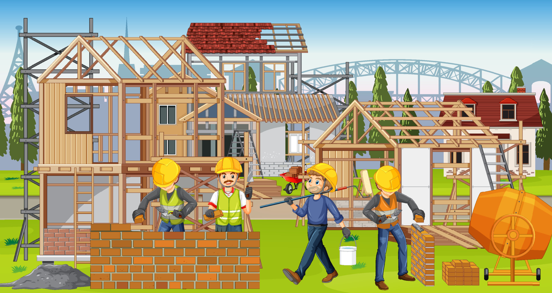 House construction site with workers cartoon 7092683 Vector Art at Vecteezy