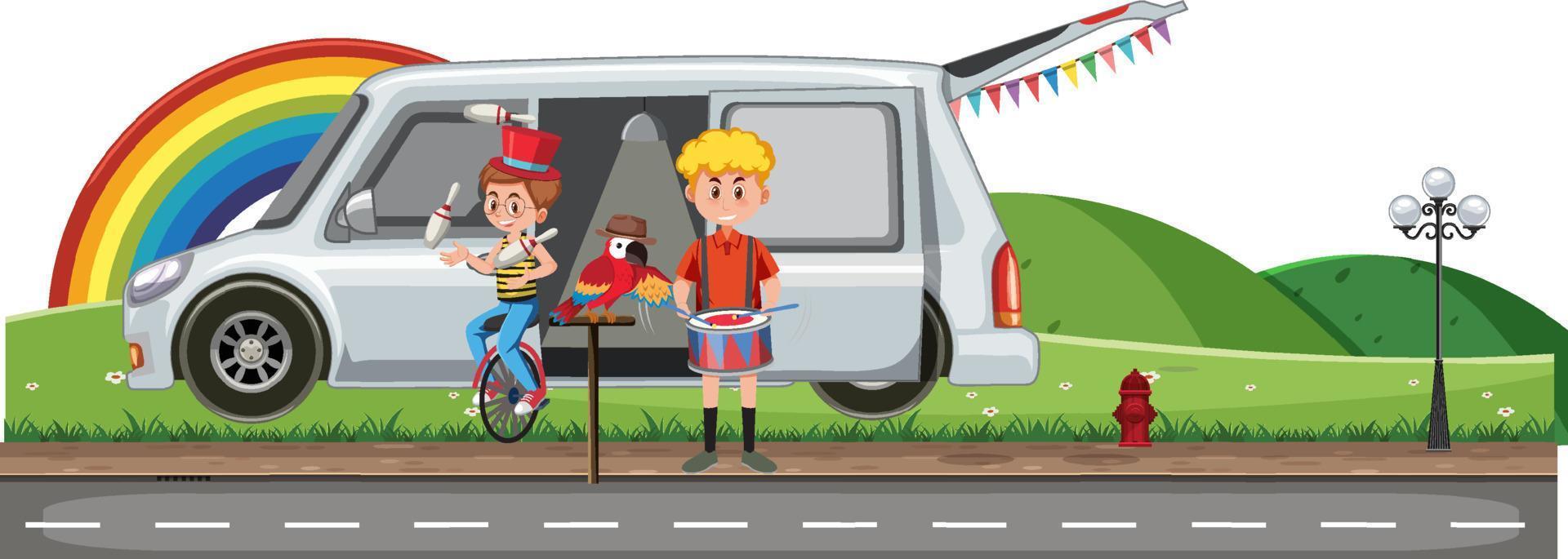 Boys juggling and playing drum in the park vector