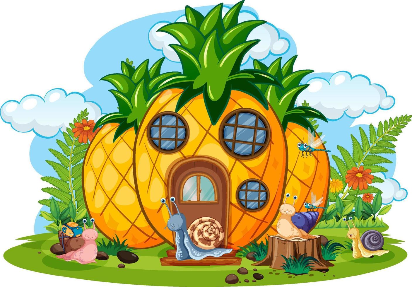 Fantasy pineapple house with cartoon snails vector