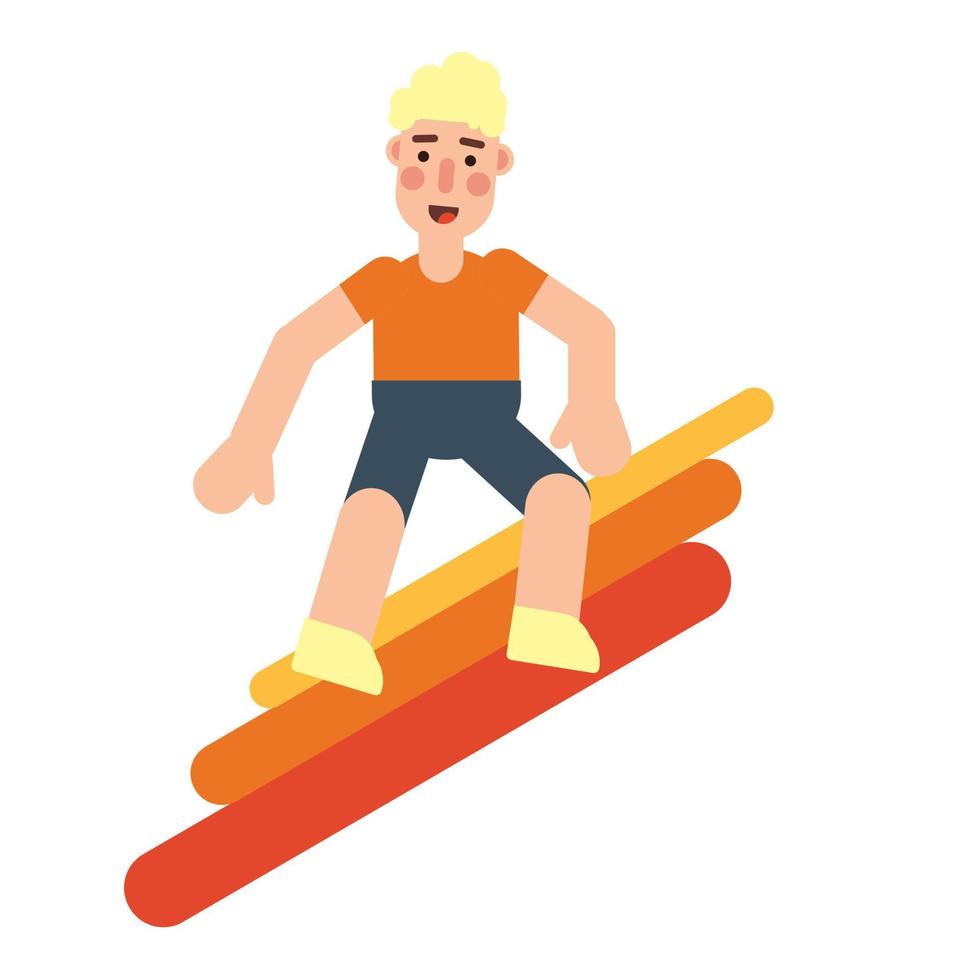 Blond man in T-shirt and shorts surfing three color rainbow. vector