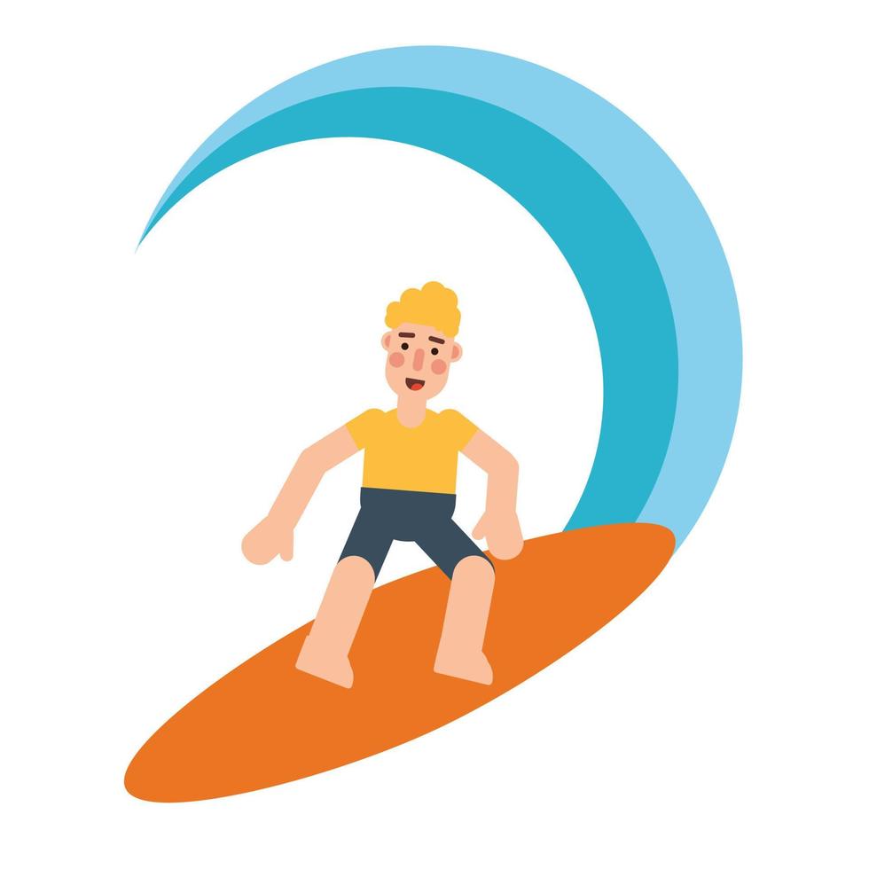 Blond man surfing on waves. Flat illustration vector