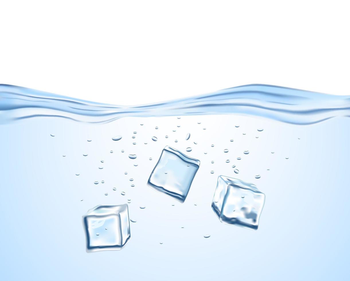 tres cubitos de hielo de cristal que se arrojaron al agua azul clara y fresca vector
