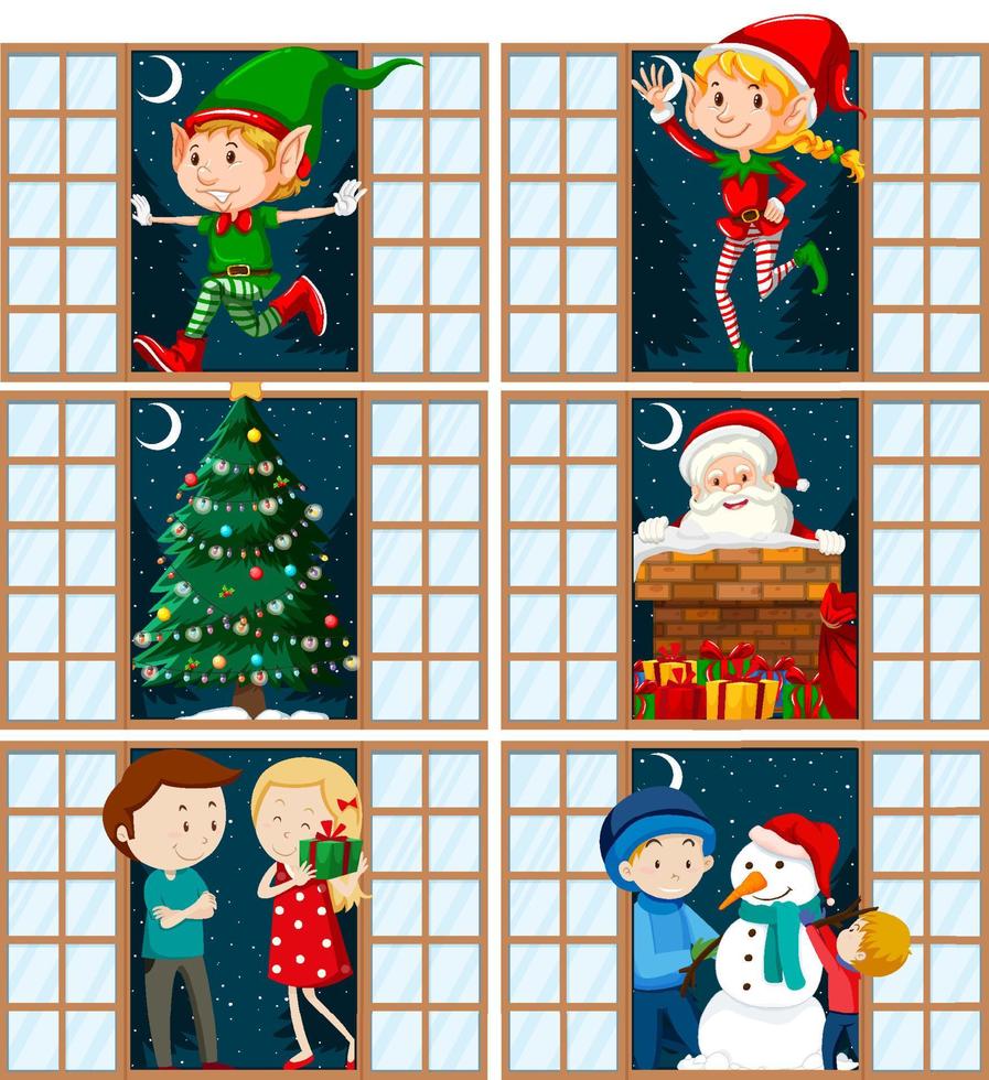 Christmas theme elf, Santa,snowman and family at the door vector