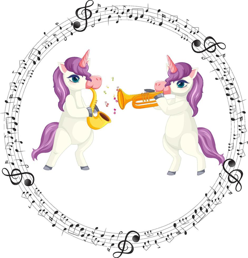 unicornio de dibujos animados tocando la trompeta y el saxofón vector