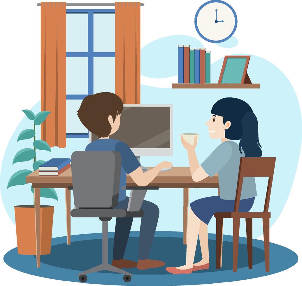 People working on computer at home vector