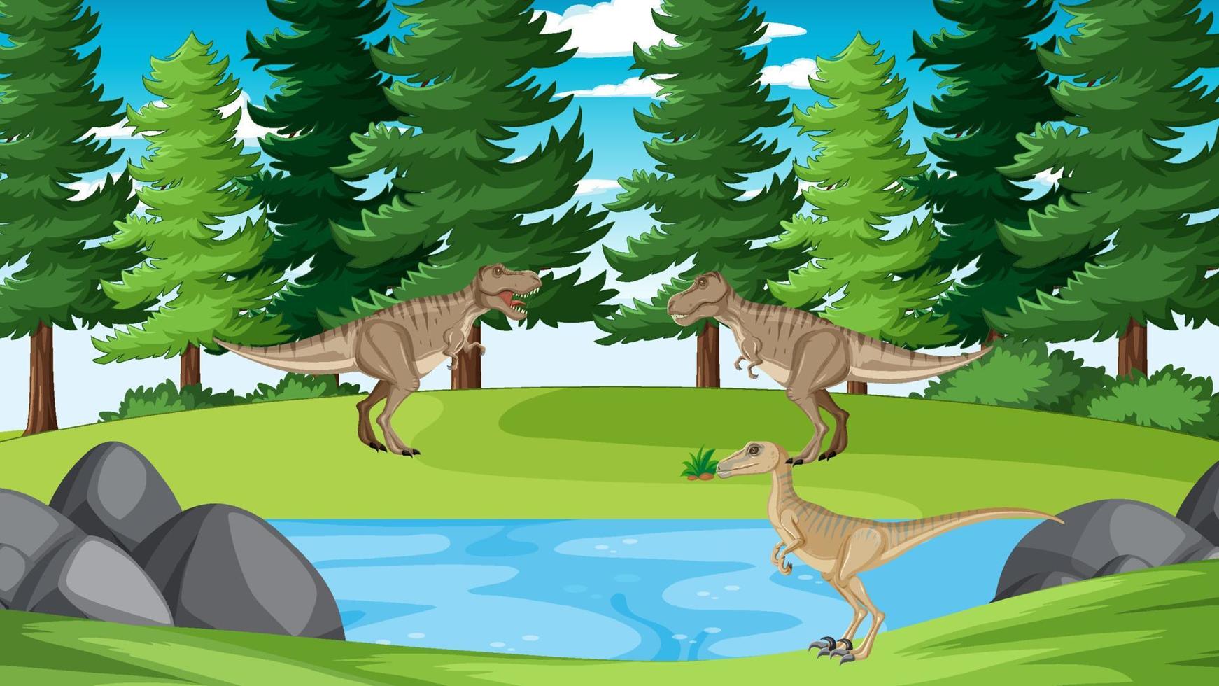 Nature scene with trees on mountains with dinosaur vector