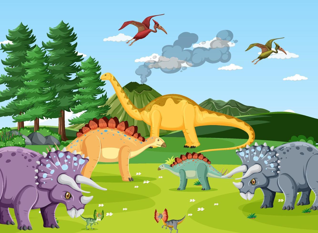 dinosaurio en la escena del bosque prehistórico vector