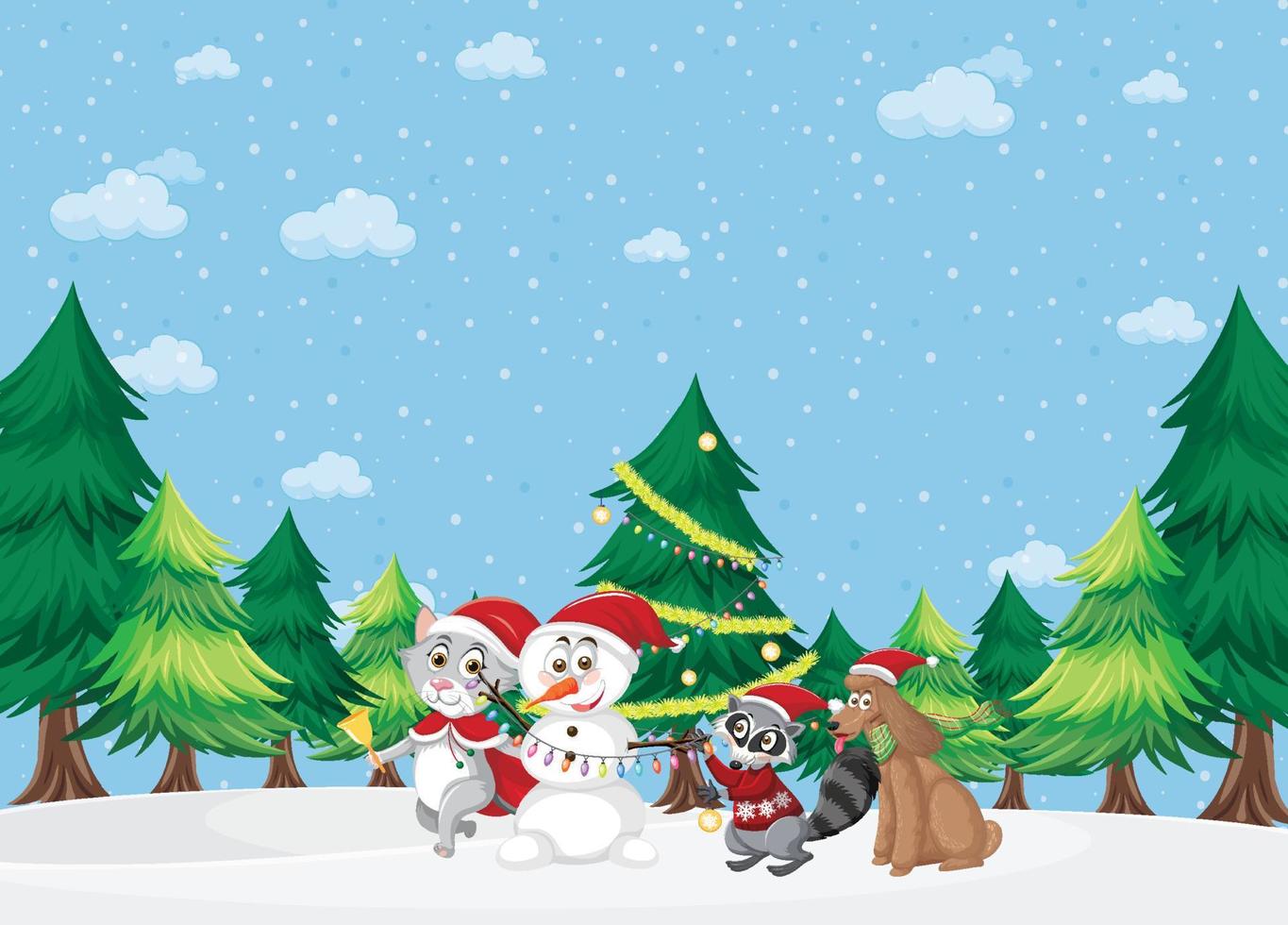 vacaciones de navidad con muñeco de nieve y mascotas vector