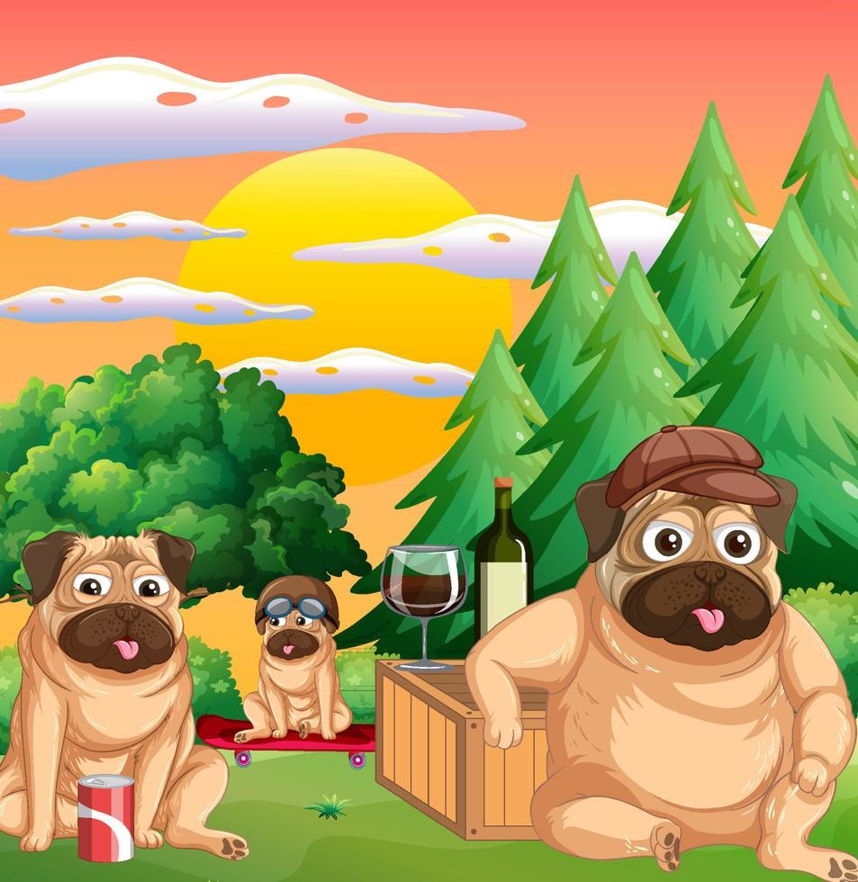 escena al aire libre con perros pug de dibujos animados vector